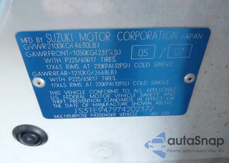 2007 Suzuki Grand Vitara Luxury z USA, uszkodzony, nr VIN JS3TE947974202172